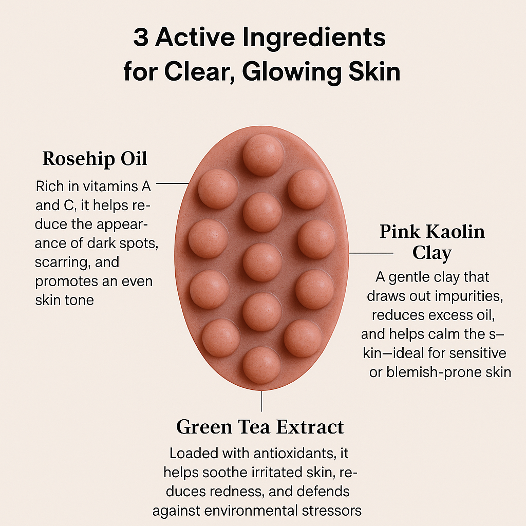 Rosehip and Pink Clay Acne Beauty Cleansing Bar – Brightening, Calming, Dark Spot Correcting for Glowing Skin