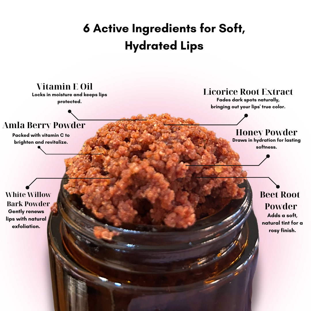 Lip scrub with coconut sugar, and honey powder for gentle exfoliation, fade dark lips naturally and draw in hydration to dry cracked lips - winter time.