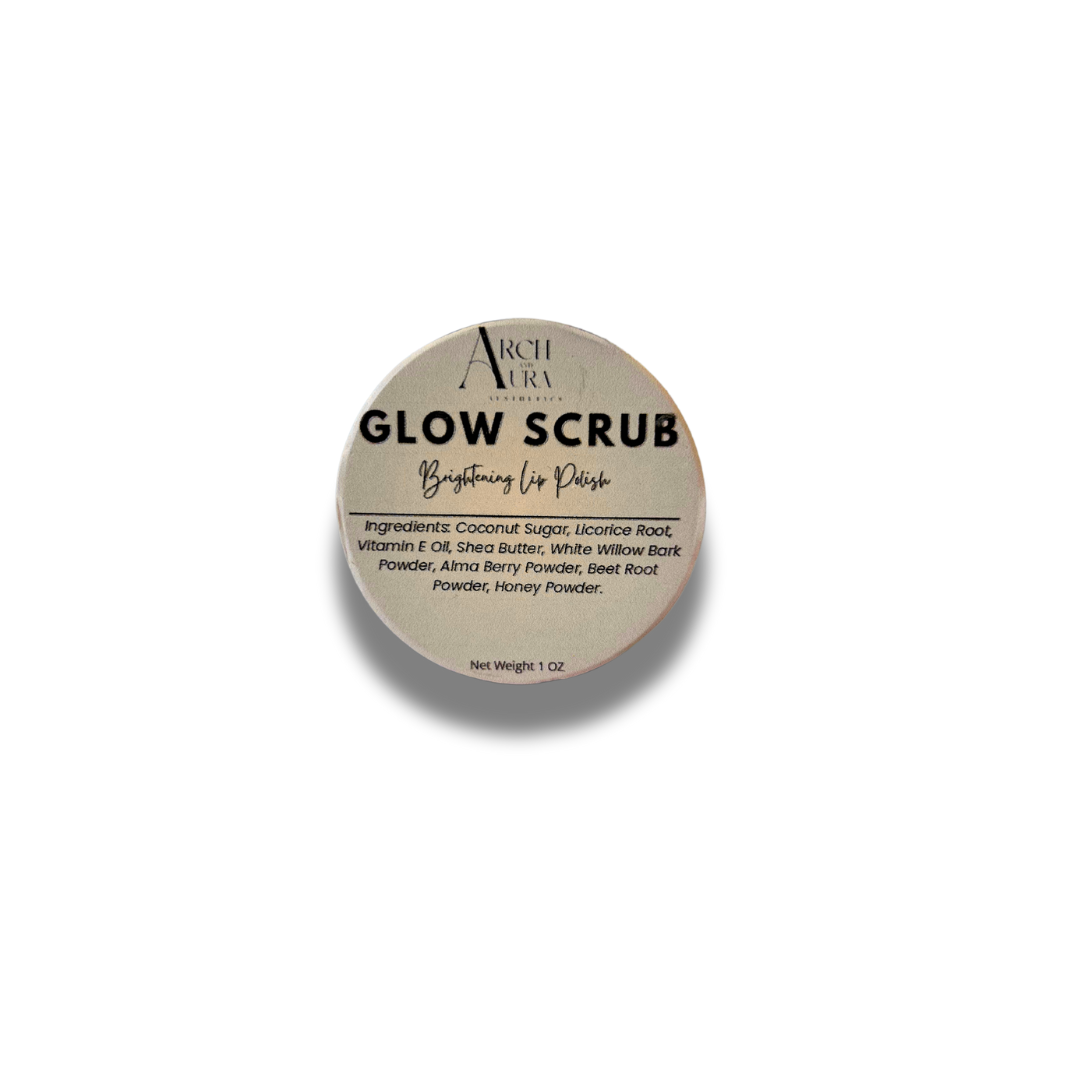 Glow Scrub Lip Polish in a natural blend of shea butter, vitamin E oil, beet root powder, licorice root, honey powder and raw sugar for smooth, exfoliated lips; vibrant pink tint in a small glass jar. For smokers lips, pigment reducing lip scrub