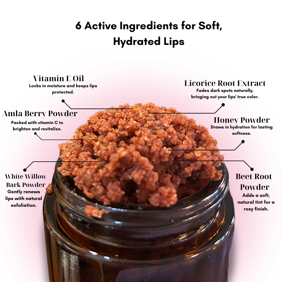 Lip scrub with coconut sugar, and honey powder for gentle exfoliation, fade dark lips naturally and draw in hydration to dry cracked lips - winter time. 