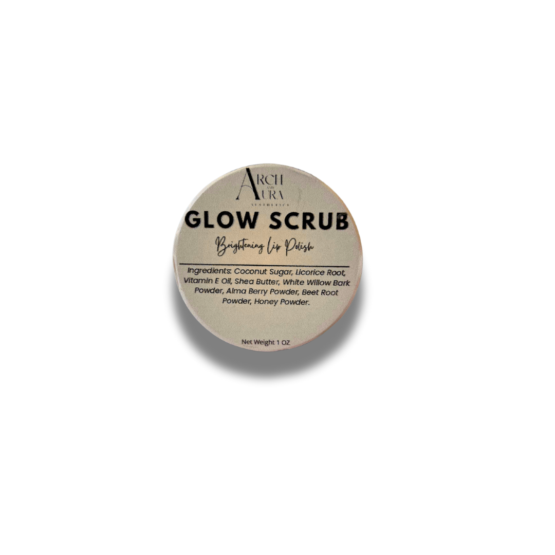 Glow Scrub Lip Polish in a natural blend of shea butter, vitamin E oil, beet root powder, licorice root, honey powder and raw sugar for smooth, exfoliated lips; vibrant pink tint in a small glass jar. For smokers lips, pigment reducing lip scrub 